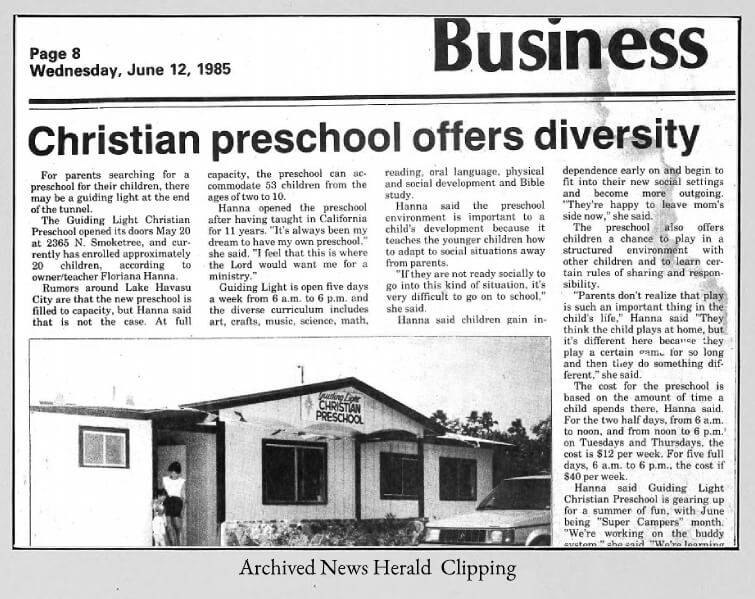 Archived News Herald Clipping. Visible text reads: 'Wednesday, June 12 1985 | Christian preschool offers diversity'